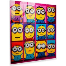Popcas Pop Art Cam Tablo - Minyon Yüzlerinin Izgarası - Minyonlar Cam Duvar Sanatı Cesur Renkler Modern Sanat