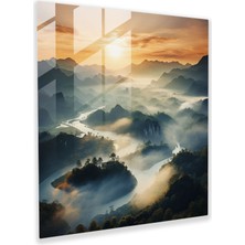 Popcas Sisli Dağlar Cam Tablo - Orta Dünya Güneş Doğuşu Hayranlık Uyandıran Sisli Dağlar