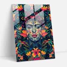 Popcas Frida Kahlo Tarzı Cam Tablo - Frida Kahlo Eserleri Duvar Dekorasyonu Çiçek Desenleri