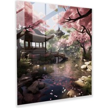 Popcas Japon Bahçelerinin Huzuru Temalı Lenticular Cam Tablo - Modern Sanat Kiraz Çiçeği Ağaçları