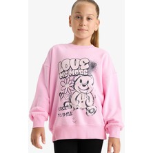 DeFacto Oversize Geniş Kalıp Bisiklet Yaka Baskılı Sweatshirt Kız Çocuk E6755A825AU