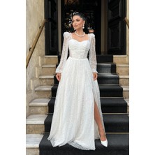 Dantel Kumaş Balen Detaylı Abiye Elbise - Beyaz