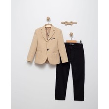 Erkek Çocuk Keten Spor Blazer Ceket, Pantolon ve Papyon Erkek Çocuk Takım Elbisesi - 4414