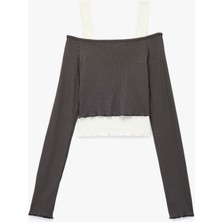 Omzu Açık Uzun Kollu Atlet Detaylı Crop Tişört