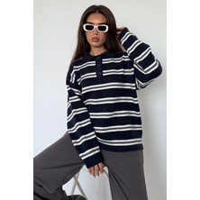 Lacivert Polo Yaka Çizgili Kadın Triko Kazak MG2469