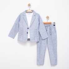 Erkek Çocuk Keten 3'lü Tişörtlü Ceketli Takım 2854 2-9 Yaş Arası Mavi