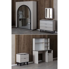 Hira Oda Takımı - Hira 4 Kapaklı Dolap, Bali Çalışma Masası, Şifonyer, Komodin