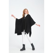 T-Crazy Kadın Panço, Düz Renk Dokuma Panço, Deri Düğme Detaylı Dış Giyim Kadın Panço