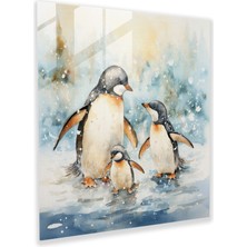 Popcas Penguen Cam Tablo - Hüzünlü Suluboya Illüstrasyon Ev Dekorasyonu - Penguen Modern Sanat Penguen Ailesi Kar