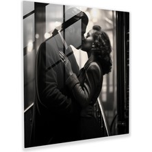 Popcas Romantik Sonsuz Öpücük Cam Tablosu - Siyah Beyaz Fotoğraf Duvar Dekorasyonu