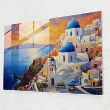 Popcas Santorini Cam Tablosu - Mavi Kubbe Üzerinde Günbatımı - Santorini Duvar Dekorasyonu Cam Sanatı Cam Duvar Sanatı