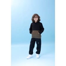 Perendi Unisex Kapüşonlu Kışlık Sweatshirt Siyah/Haki Renk Bloklu Uzun Kol Kanguru Cepli