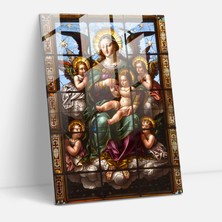Popcas Raffaello Sanzio Cam Tablo Sanatı - Meryem ve Çocuk Meleklerle - Raffaello Sanzio Cam Sanatı Duvar Dekorasyonu