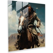 Popcas Kızılderili Cam Tablo Baskısı - Kızılderili Savaşçı Koşarken - Ev Dekorasyonu Açık Ova