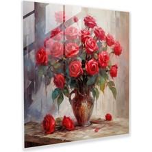 Popcas Romantik Gül Desenli Cam Tablo - Romantik Izlenimci Yağlı Boya Tablo Kırmızı Güller Duvar Dekorasyonu