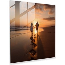 Popcas Romantik Plaj Günbatımı Cam Tablo - Romantik Plaj Çift