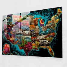 Popcas Amerika Haritası Modern Sanat Cam Tablo - Amerika Birleşik Devletleri Haritası Ev Dekorasyonu Duvar Dekorasyonu Cam Duvar Sanatı