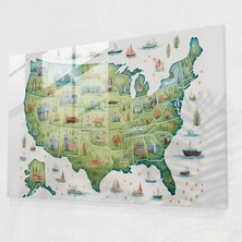 Popcas Masalsı Amerika Birleşik Devletleri Haritası Cam Duvar Tablosu - Amerika Birleşik Devletleri Haritası Modern Sanat Hayal Gücüyle Tasarlanmış Ev Dekorasyonu