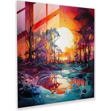 Popcas Günbatımı Hayalleri Cam Tablo - Günbatımı Suluboya Resim Cam Duvar Sanatı