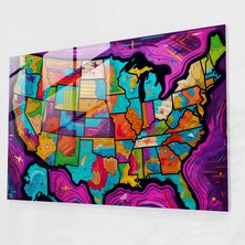 Popcas Renkli ve Cesur Hatlara Sahip Modern Sanat: Amerika Birleşik Devletleri Haritası Cam Tablo Sanatı