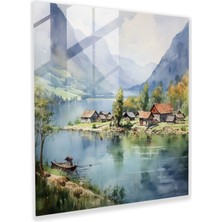Popcas Sakin Göl Kenarı Köyü Cam Tablo - Köy Cam Tablo Ev Dekorasyonu