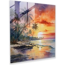 Popcas Deniz Günbatımı Cam Tablo - Günbatımı Cam Tablo Tropikal Plaj Modern Sanat