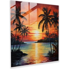 Popcas Tropikal Günbatımı Cam Tablosu - Tropikal Huzur Ev Dekorasyonu Sıcak Tonlar
