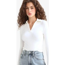 Defacto Fitted Polo Yaka Basic Düz Modal Beyaz Kadın Uzun Kollu T-Shirt E7938AX/WT32