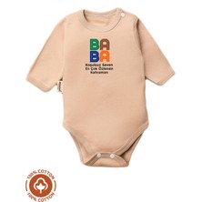 Unisex Bebek %100 Pamuklu Baba Baskılı 3-6-9-12 Ay Bebek Body Ekru Badi Zıbın