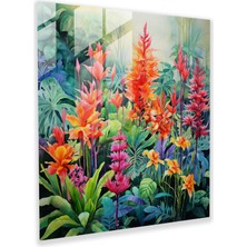 Popcas Tropik Cam Tablo - Orman Çiçeklerinin Suluboya Tablosu - Tropik Ev Dekorasyonu Canlı Renkler Tropik Tema