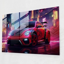 Popcas Volkswagen Beetle Duvar Dekorasyonu - Modern Sanat ve Gelecek Şehir Manzaralı Cam Tablo