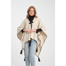 T-Crazy Düz Renk Balıkçı Dikişli Dokuma Triko Panço, Deri ve Düğme Detaylı Püsküllü Kadın Dış Giyim Panço