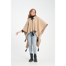 T-Crazy Düz Renk Balıkçı Dikişli Dokuma Triko Panço, Deri ve Düğme Detaylı Püsküllü Kadın Dış Giyim Panço