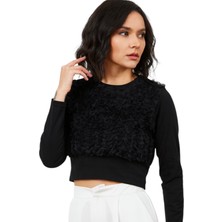 3D Çiçek Desenli Tül Detaylı Uzun Kollu Penye Bluz