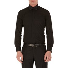 Efor Erkek Slim Fit Duble Manşet Ata Yaka Siyah Damatlık Smokin Gömlek Gk 148