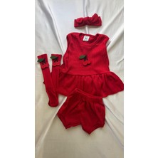 Kırmızı Ribana Bebek Şort Bluz Bandana Çorap Set -Bebek Hediyelik