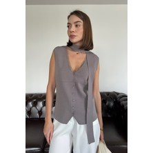 Dantelli Premium Bağlamalı Yelek- Gri