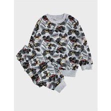 Erkek Çocuk Pamuklu Gri Arazi Aracı Jeep Desenli Uzun Kollu Mevsimlik Pijama Takımı