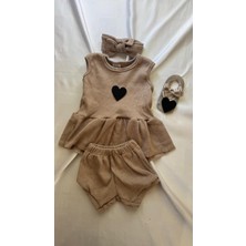 Bej Ribana Kız Bebek-Çocuk Şort Bluz Bandana Babet Çorap Set Hediyelik