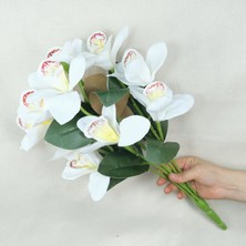 Yapay Beyaz Benekli Islak Orkide 5 Dal Gerçek Dokulu Singapur Orkidesi 50 cm