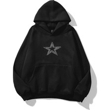 Unisex Star Stroke Taş Baskılı Sweatshirt Siyah