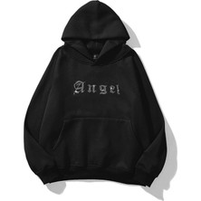 Unisex Angel Taş Baskılı Sweatshirt Siyah