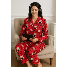 Kadın 6444 Önden Düğmeli Süet Uzun Kol Pijama Takımı Kırmızı