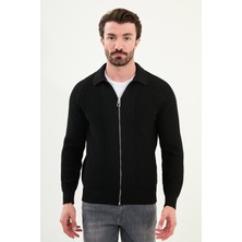 Desenli Slim Fit  Fermuarlı Gömlek Yaka Pamuk Erkek Triko Ceket