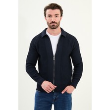 Desenli Slim Fit  Fermuarlı Gömlek Yaka Pamuk Erkek Triko Ceket