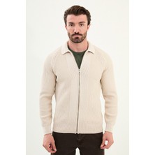 Desenli Slim Fit  Fermuarlı Gömlek Yaka Pamuk Erkek Triko Ceket