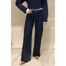 Hiccup Kadınlar Geniş Paça Raw Kot Pantolon Koyu Mavi Denim