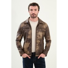 Desenli Slim Fit Gömlek Yaka Suni Deri Erkek Mont