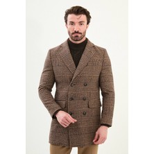 Ekoseli Slim Fit Geniş Yaka Kruvaze Yün Erkek Kaban