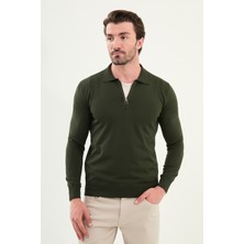 Düz Slim Fit Fermuarlı Polo Yaka Erkek Triko Kazak
